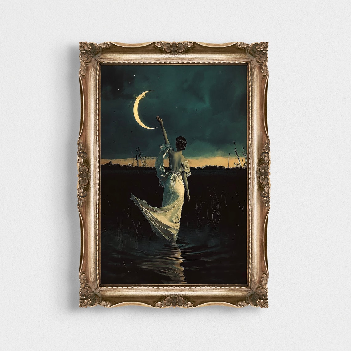 Moonlit Woman Reaching for the Crescent Moon Dark Academia Print