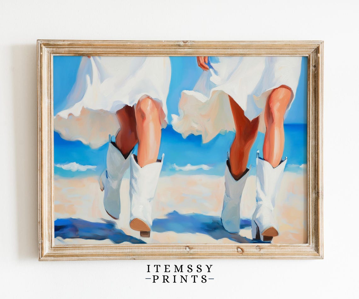 Women in White Cowboy Boots on Sandy Beach Coastal Western Wall Art