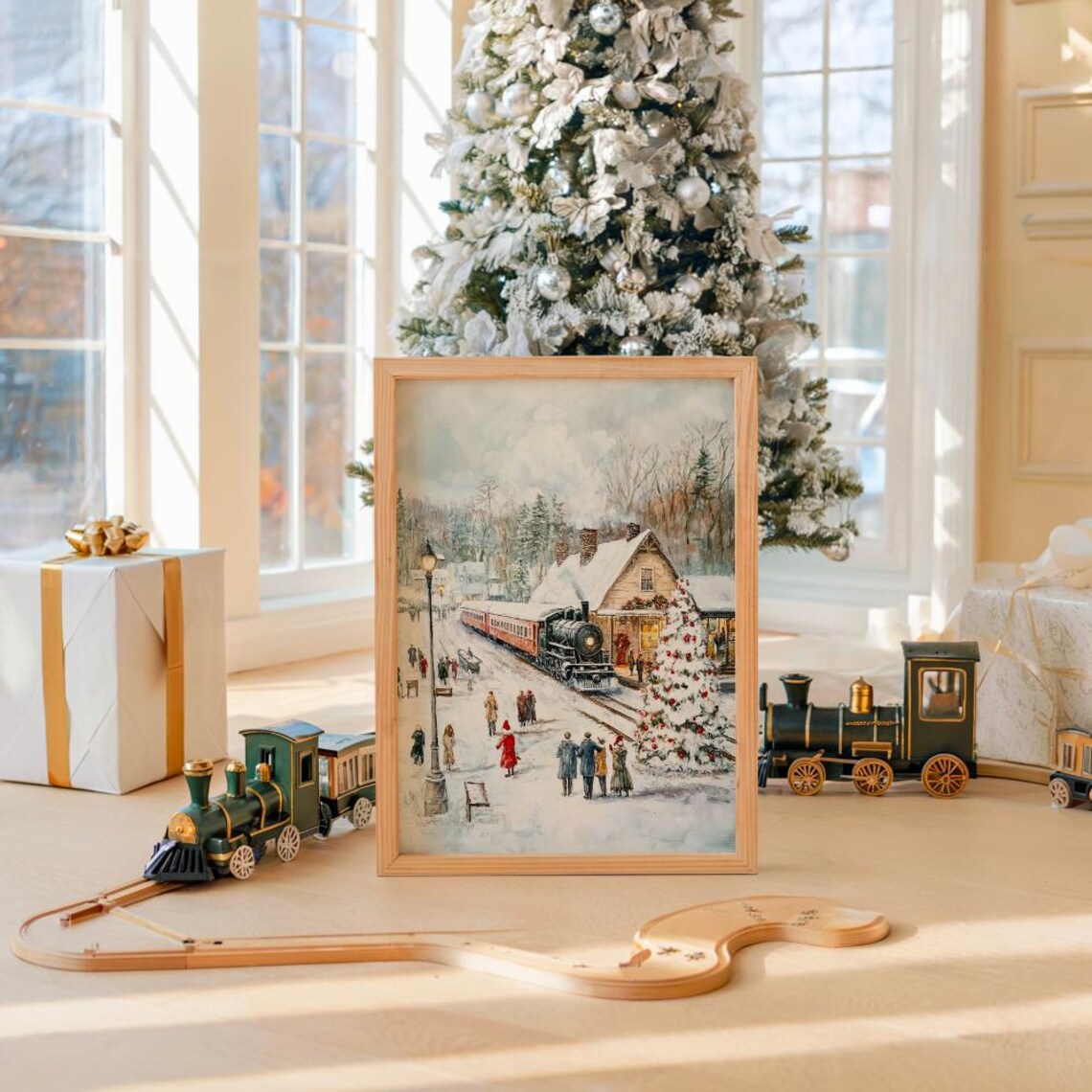 Vintage Steam Train Arriving At Snowy Christmas Station Poster - Image 2