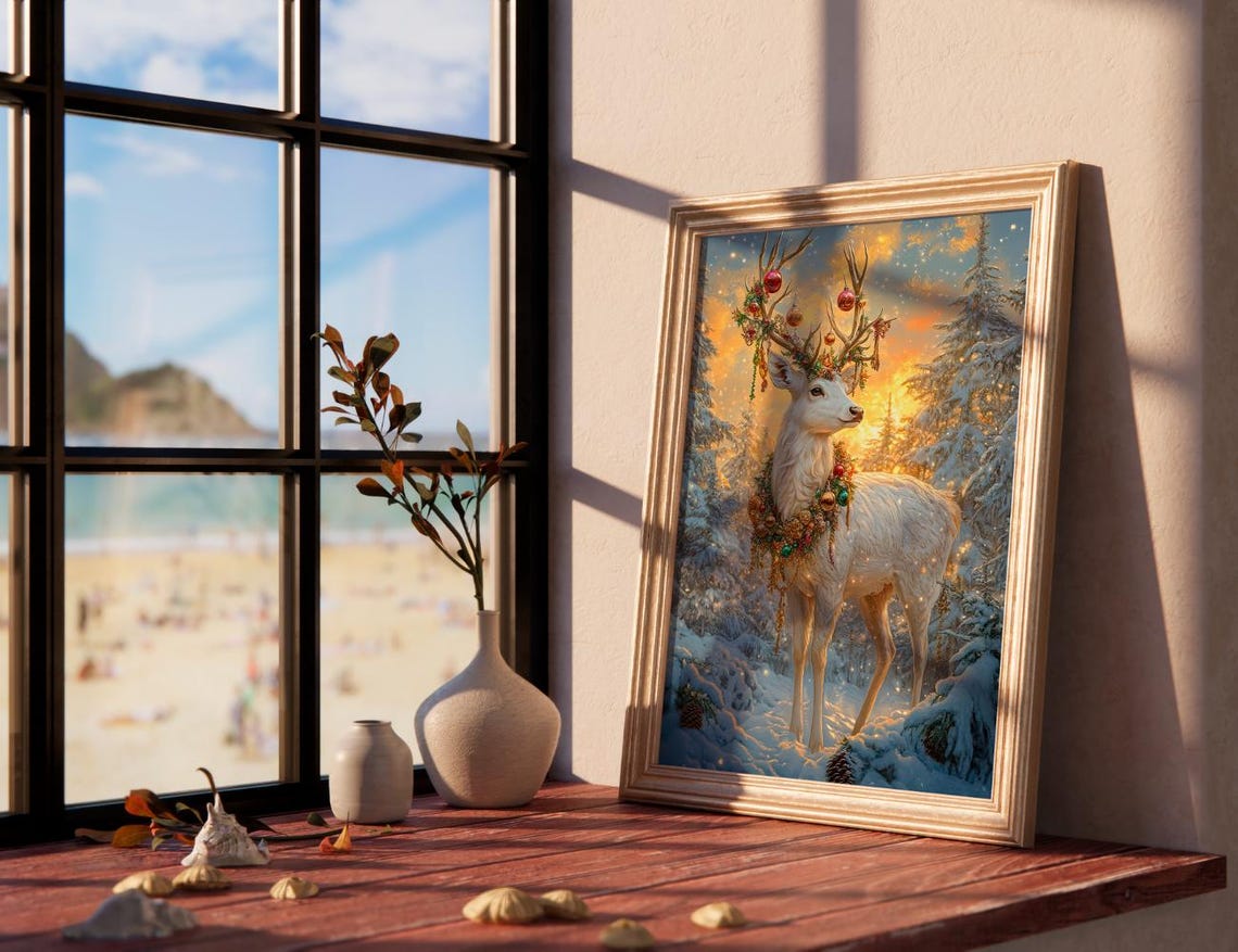 White Reindeer With Ornament Antlers In Snowy Forest Sunset Poster - Image 2