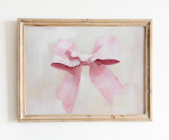 Neutral Girly Bow Wall Art Pink Bow Oil Painting Print Coquette Beige Apartment Decor From Original Artwork