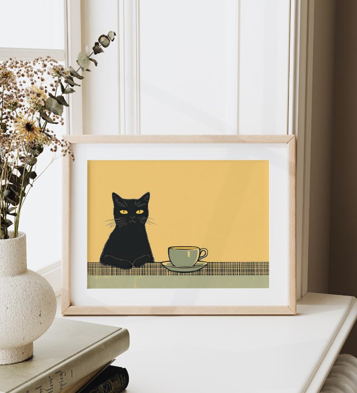 Black Cat with a Coffee Cup on a Mustard Yellow Retro Kitchen Poster - Image 2