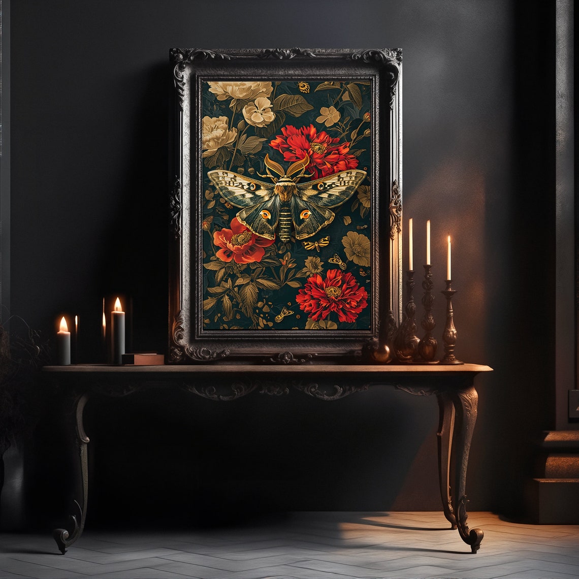 Atlas Moth With Red Flowers Vintage Botanical Entomology Poster - Image 3