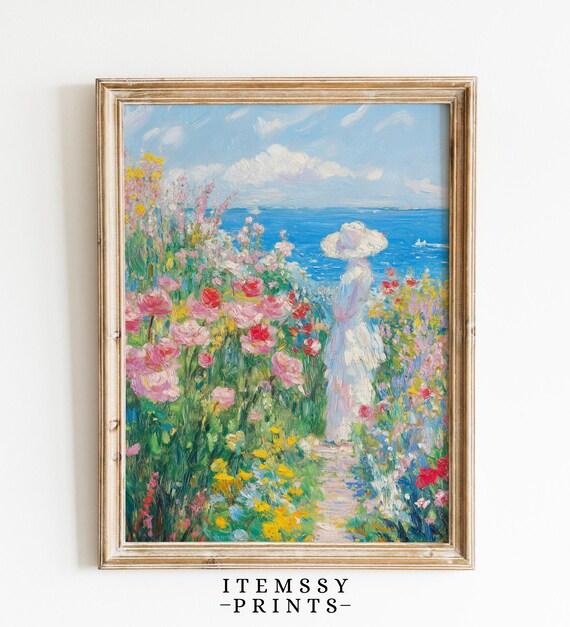 Woman in Wildflower Garden by the Sea Impressionist Wall Art