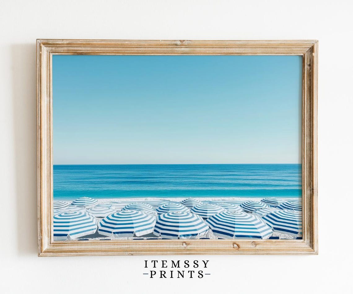 Blue Striped Beach Umbrellas Aerial Seaside Minimalist Art Poster