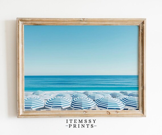 Blue Striped Beach Umbrellas Aerial Seaside Minimalist Art Poster