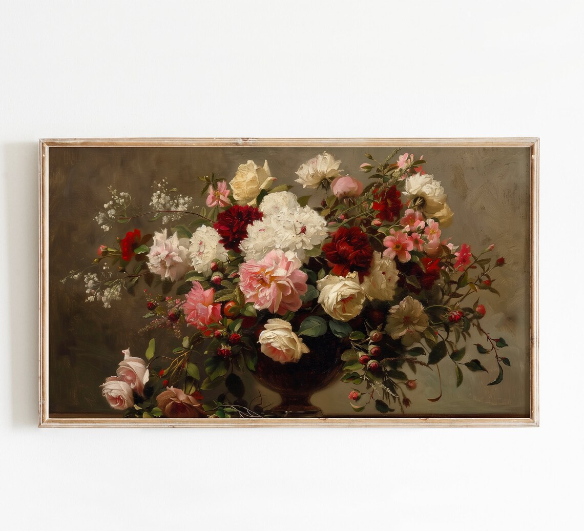 Vintage Roses Still Life Dark Vase Red White Roses Oil Art Poster