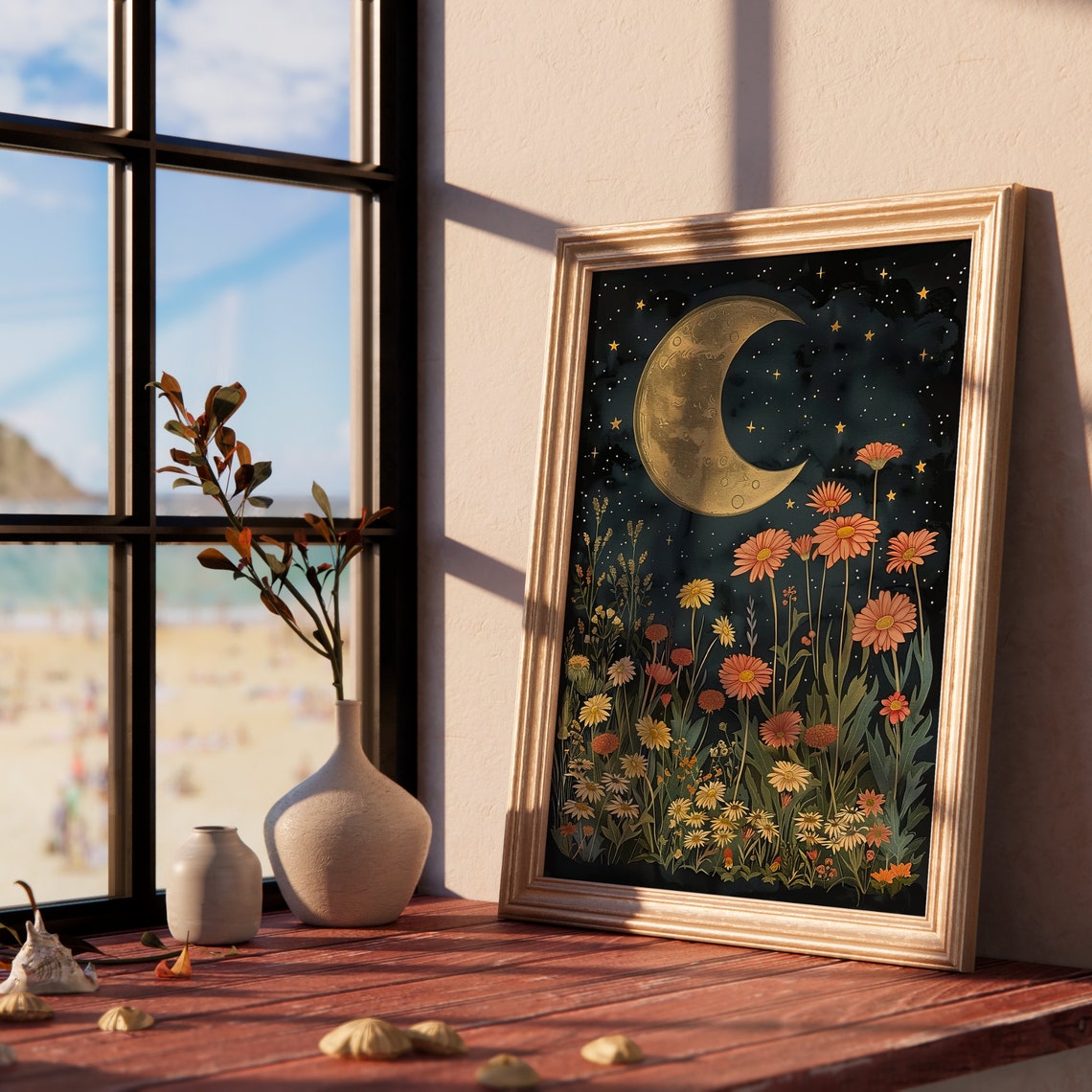 Gold Crescent Moon Over Wildflower Field Starry Night Poster - Image 3