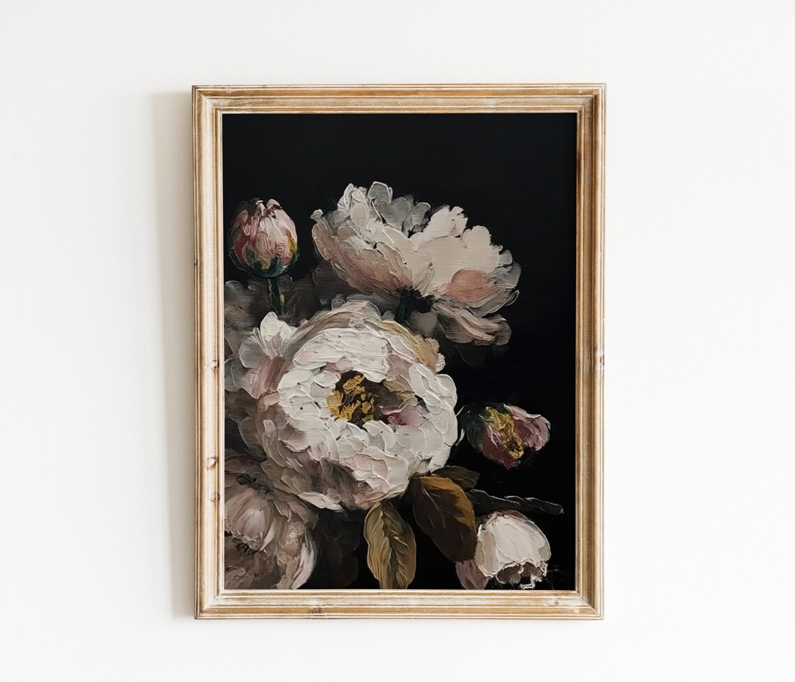 White Peony Blooms On Black Impasto Oil Painting Drama Art Poster - Image 3