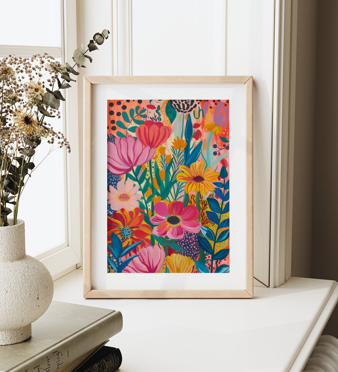Playful Bright Floral Pattern Pink Orange Yellow Botanical Poster - Image 3