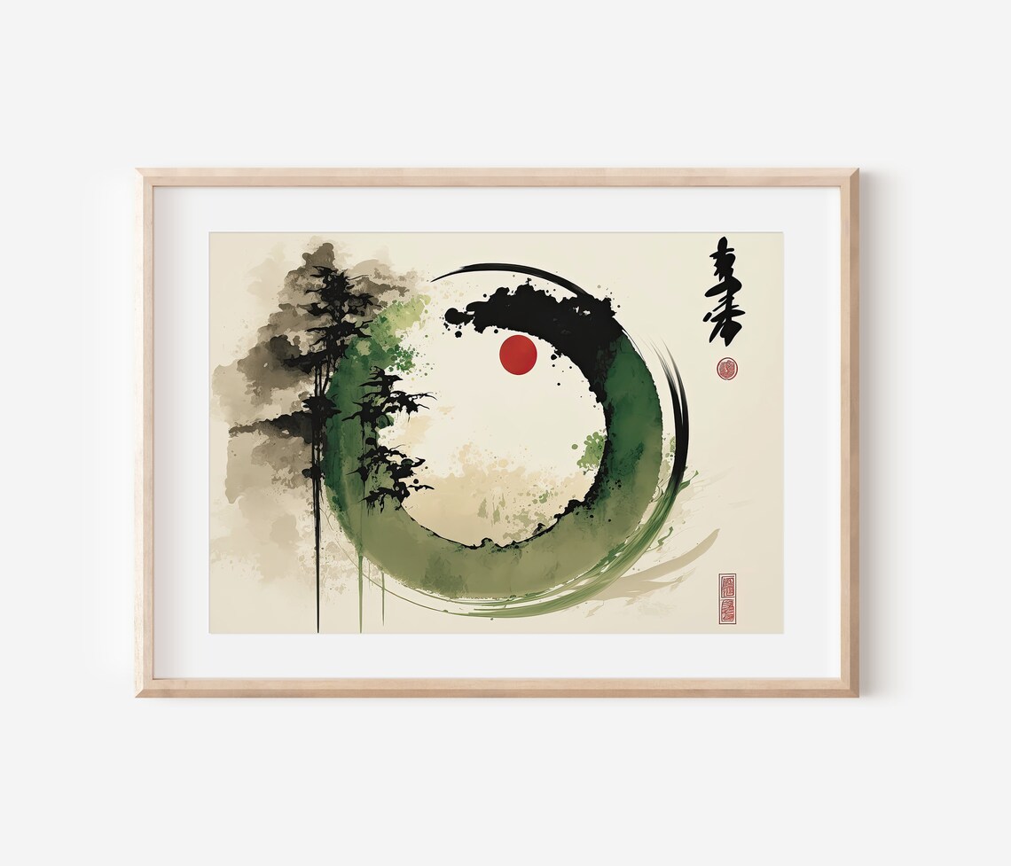 Japanese Enso Circle Red Sun Pine Trees Zen Ink Wash Calligraphy Poster - Image 3