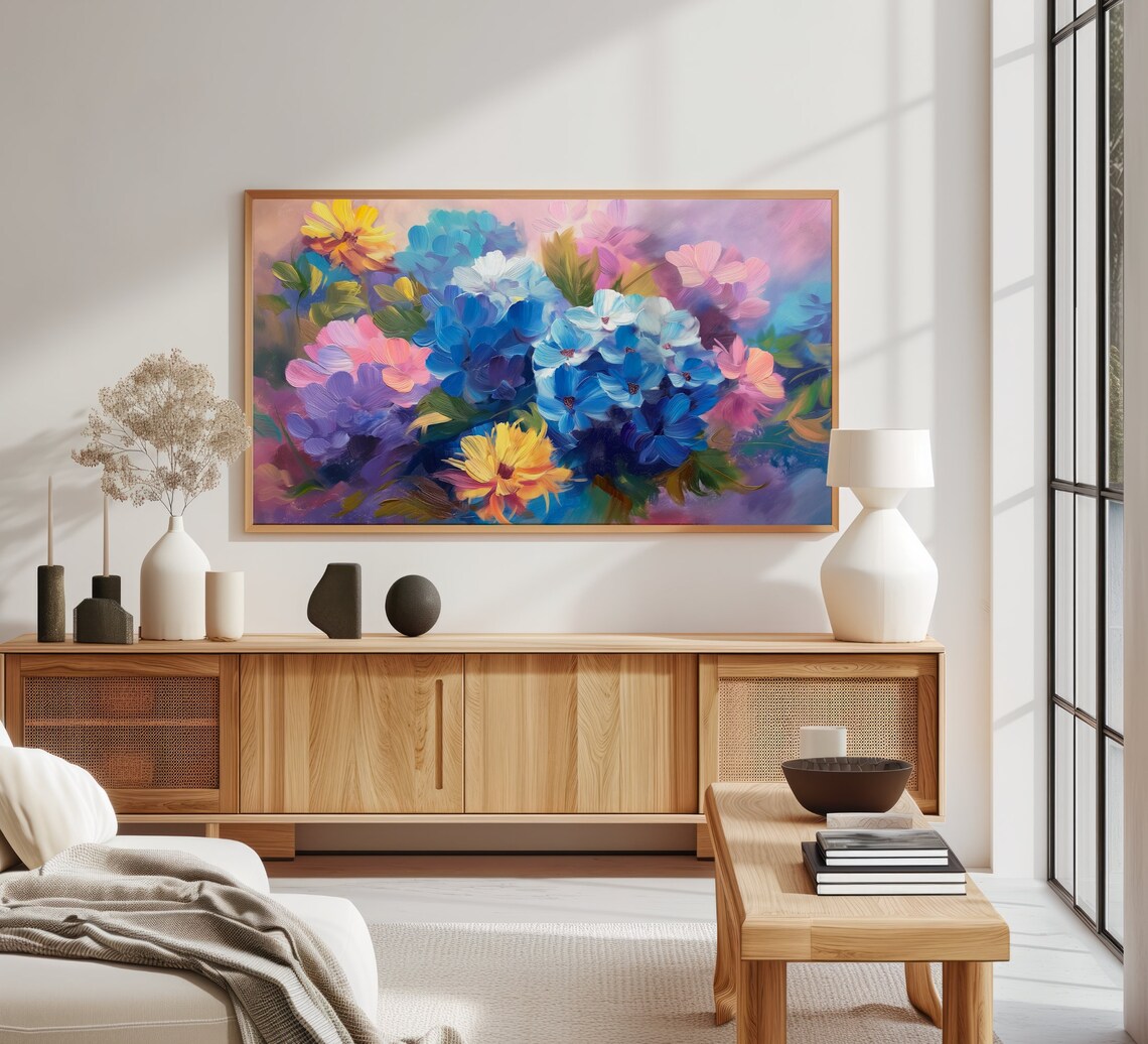 Vibrant Blue Pink Yellow Floral Impasto Painting Colorful Bloom Poster - Image 3