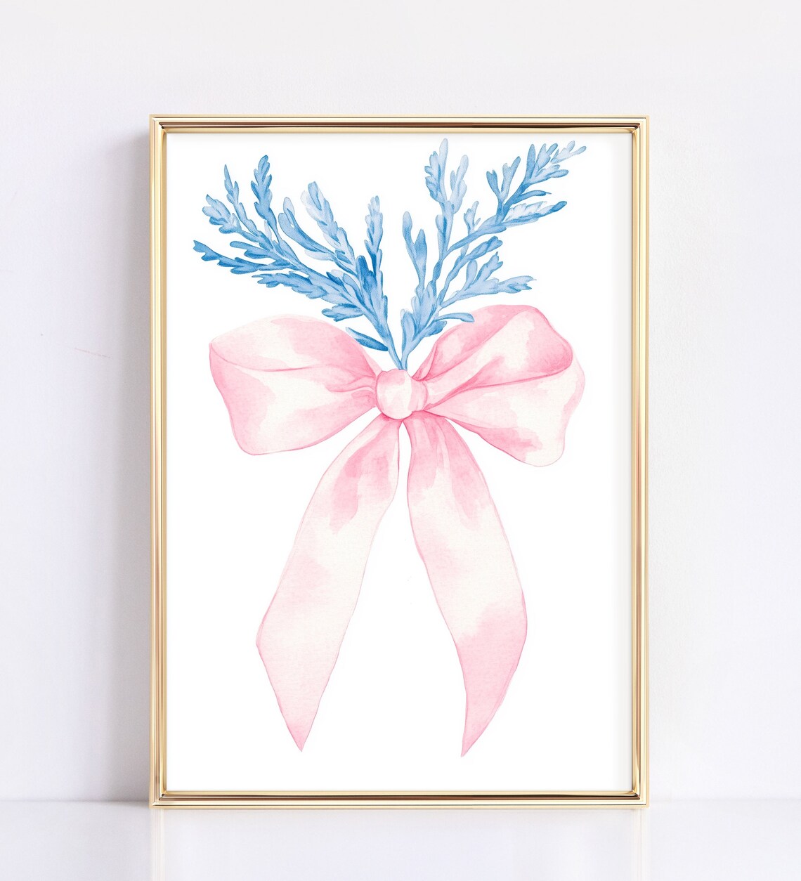 Pink Watercolor Ribbon Bow Blue Foliage Minimalist Nursery Art Poster