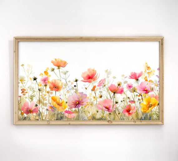 Bright Watercolor Wildflowers Cosmos Poppies Marigolds Art Poster