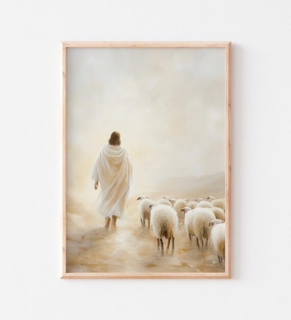 Jesus Leading His Sheep Flock Into Soft Golden Misty Light Poster