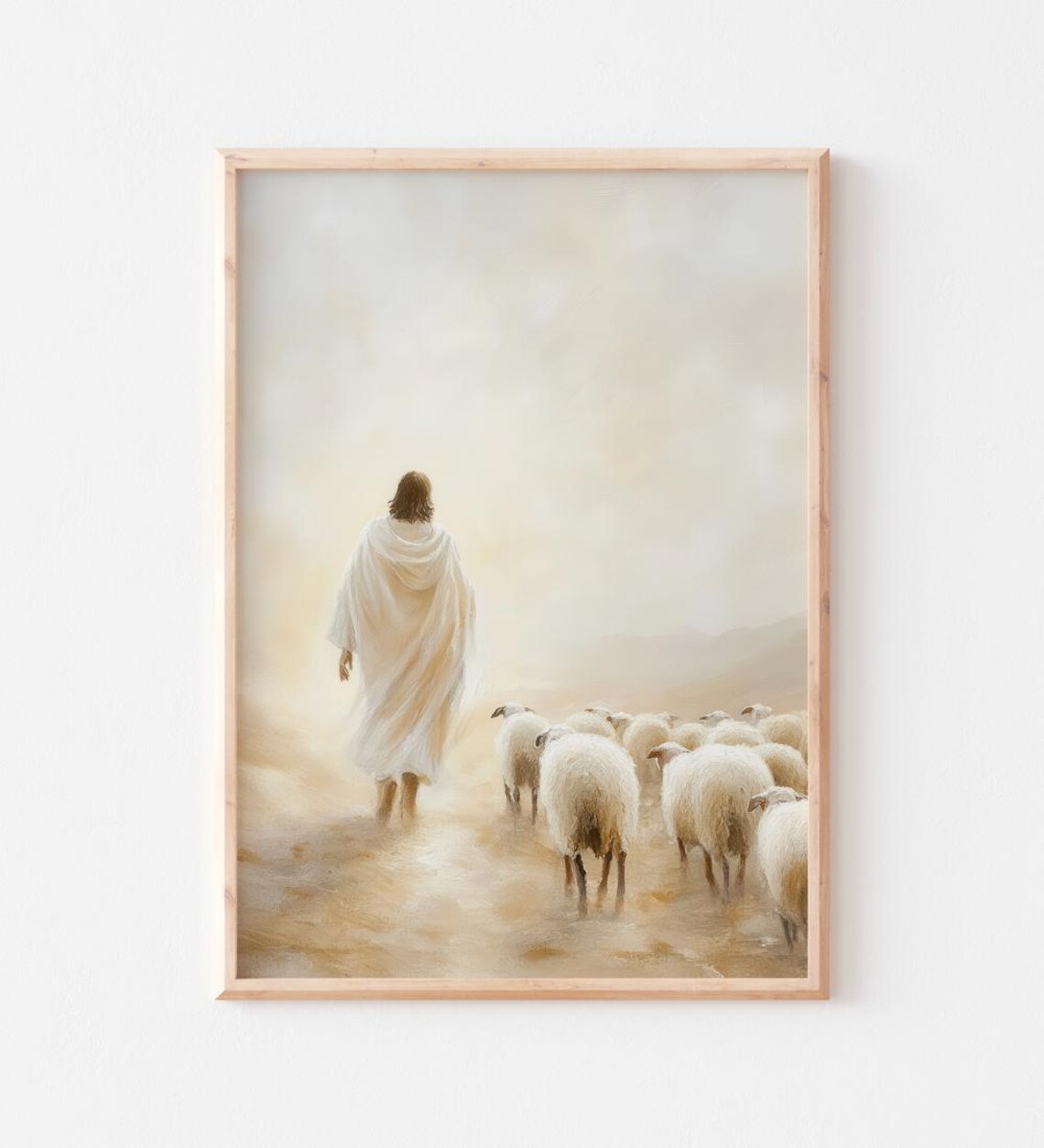 Jesus Leading His Sheep Flock Into Soft Golden Misty Light Poster