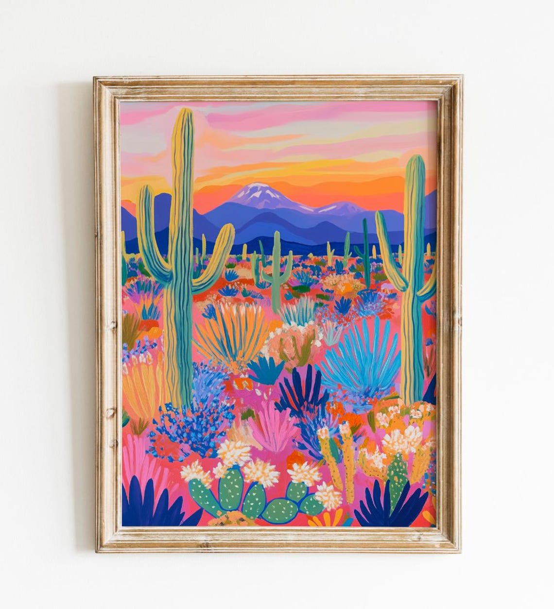Pink Desert Sunset Saguaro Cactus Mountain Wildflower Art Poster - Image 2