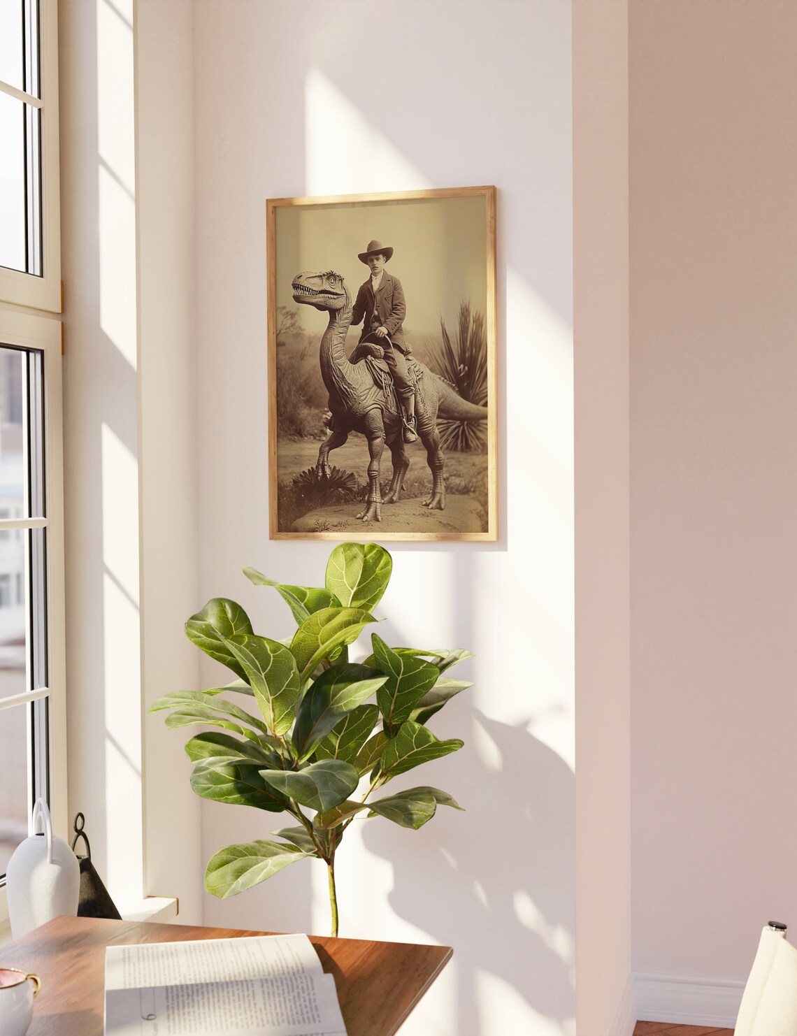 Quirky Cowboy Riding a Dinosaur Sepia Vintage Photograph Wall Art - Image 2