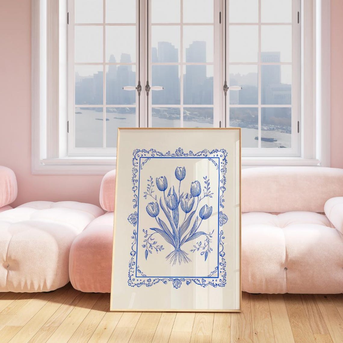 Blue Tulip Ink Drawing Floral Frame Classic Botanical Art Poster - Image 2