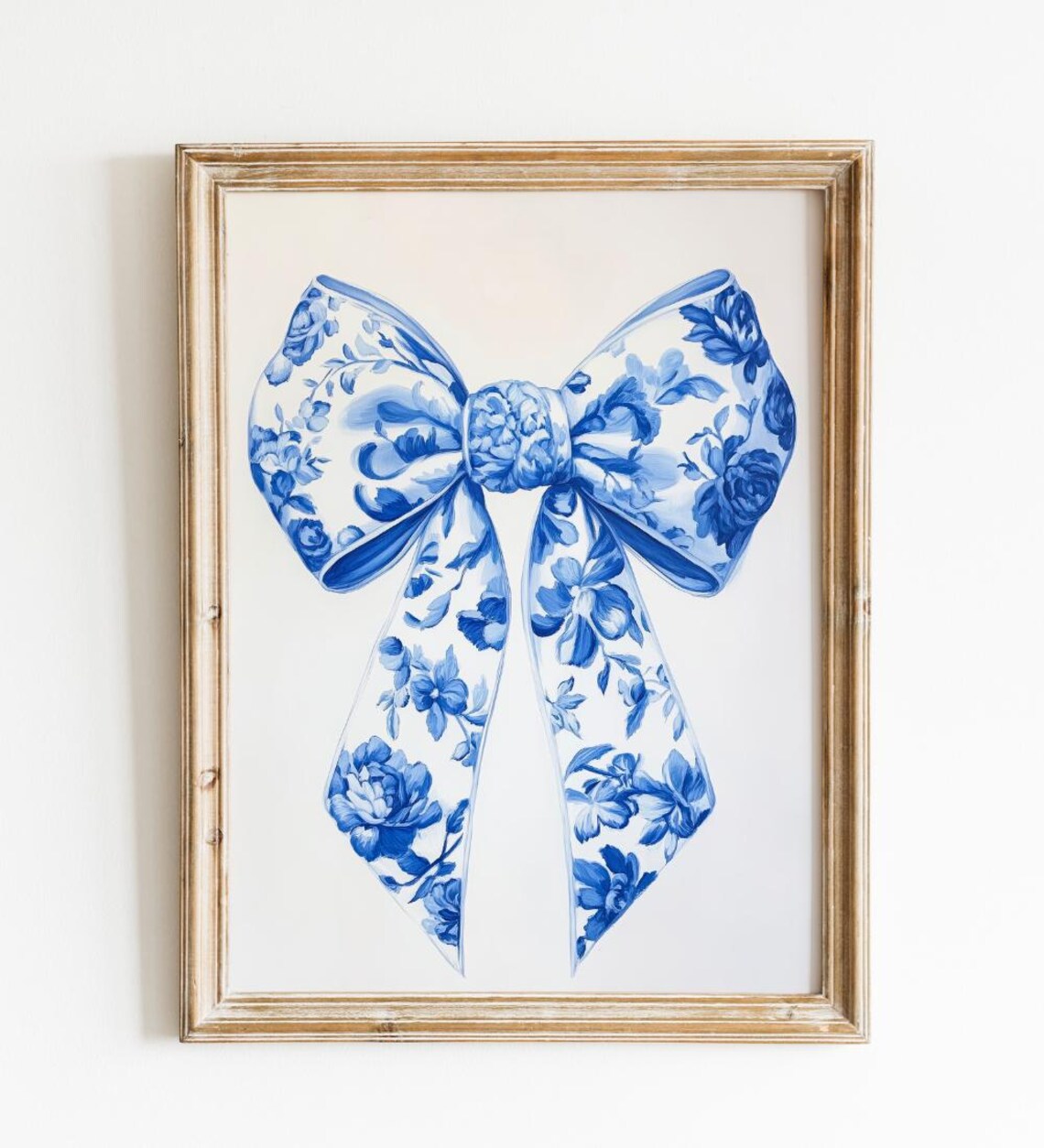 Blue Chinoiserie Floral Bow Ribbon Watercolor Coquette Style Poster