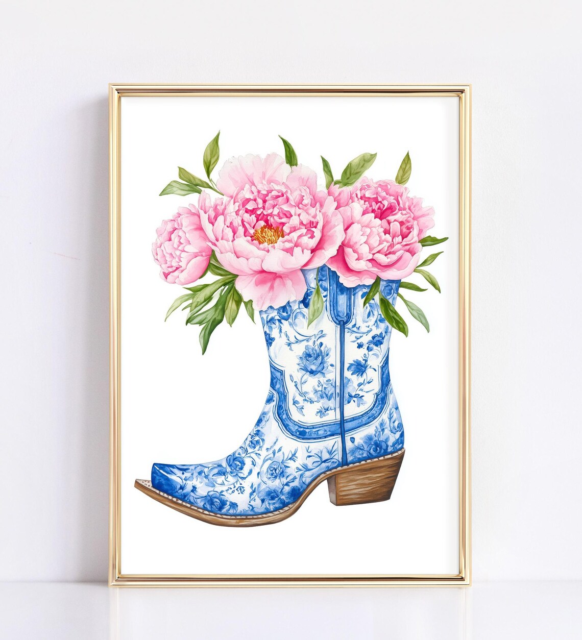 Chinoiserie Cowboy Boot Pink Peonies Floral Western Art Poster - Image 3