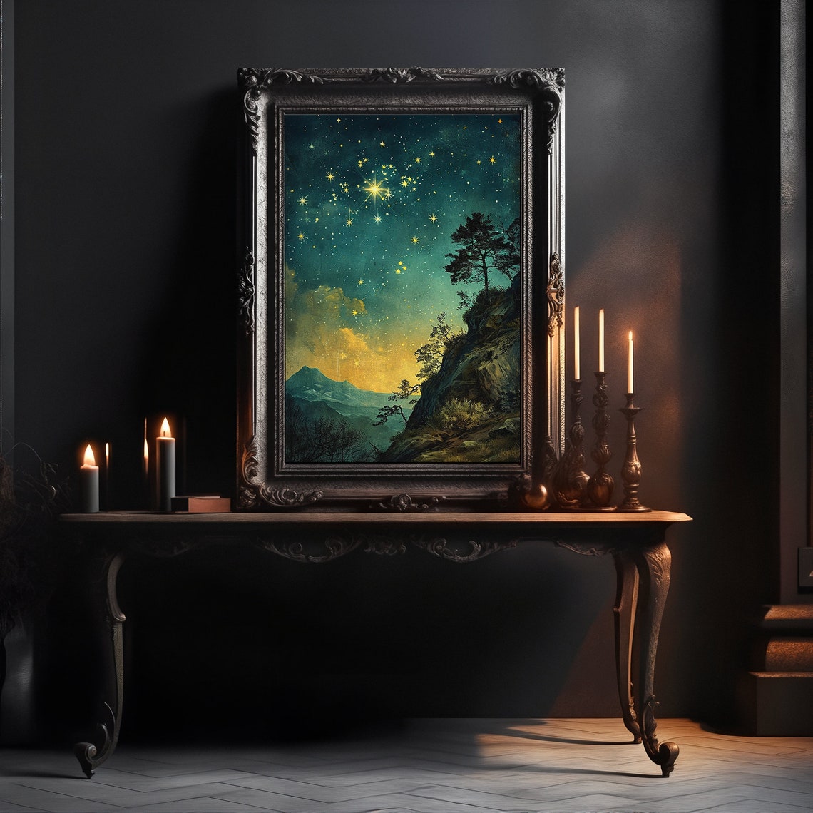Golden Starry Night Over Mountain Cliffs Celestial Sky Print - Image 2