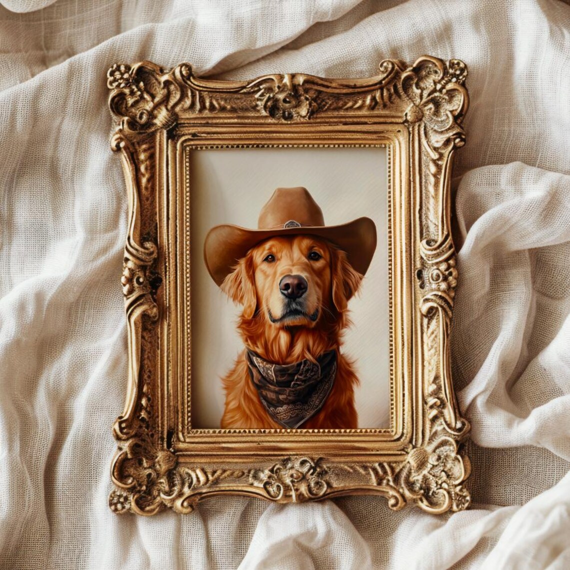 Golden Retriever Dog Cowboy Hat Bandana Portrait Western Poster - Image 3