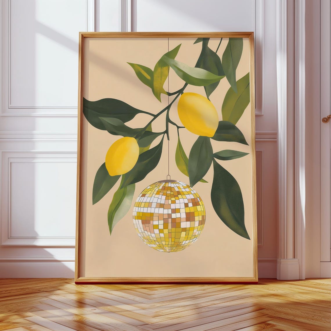 Lemon Branch Gold Disco Ball Funky Citrus Retro Kitchen Poster - Image 2