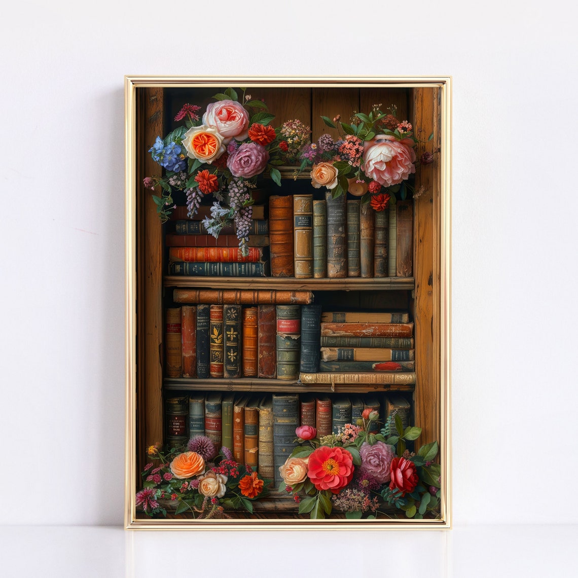 Vintage Bookshelf With Roses Old Books Floral Library Art Poster - Image 3