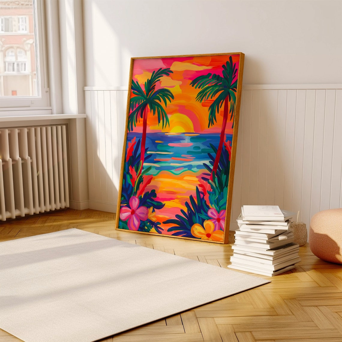 Neon Tropical Beach Sunset Palm Trees Colorful Ocean Maximalist Poster - Image 3