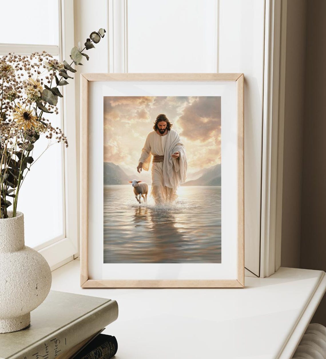Jesus And The Lost Lamb Painting Christian Art Jesus Walking On Water Faith Inspired Wall Art Leaves The 99 Spiritual Print - Image 4