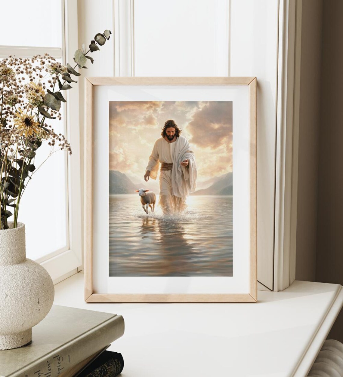 Jesus and the Lost Lamb Walking on Water Christian Art Poster - Image 4