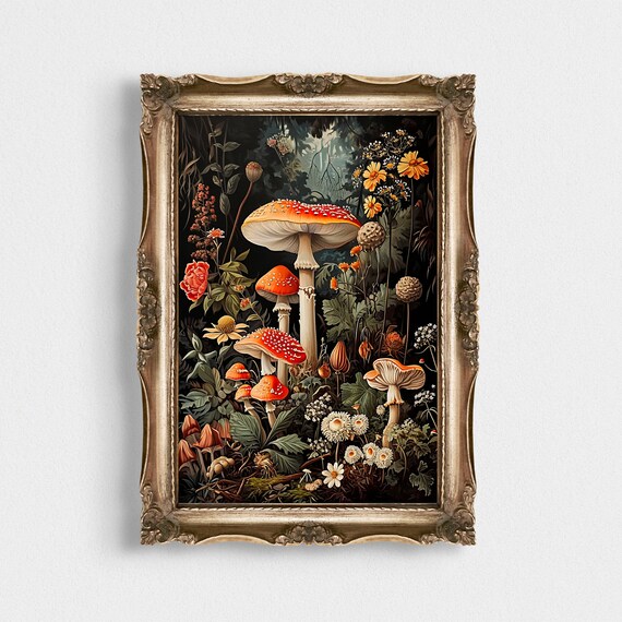 Vintage Mushroom Botanical Art Orange Fly Agaric Wildflower Poster