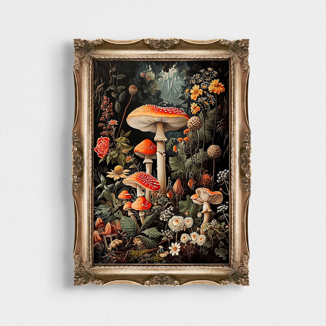 Vintage Mushroom Botanical Art Orange Fly Agaric Wildflower Poster