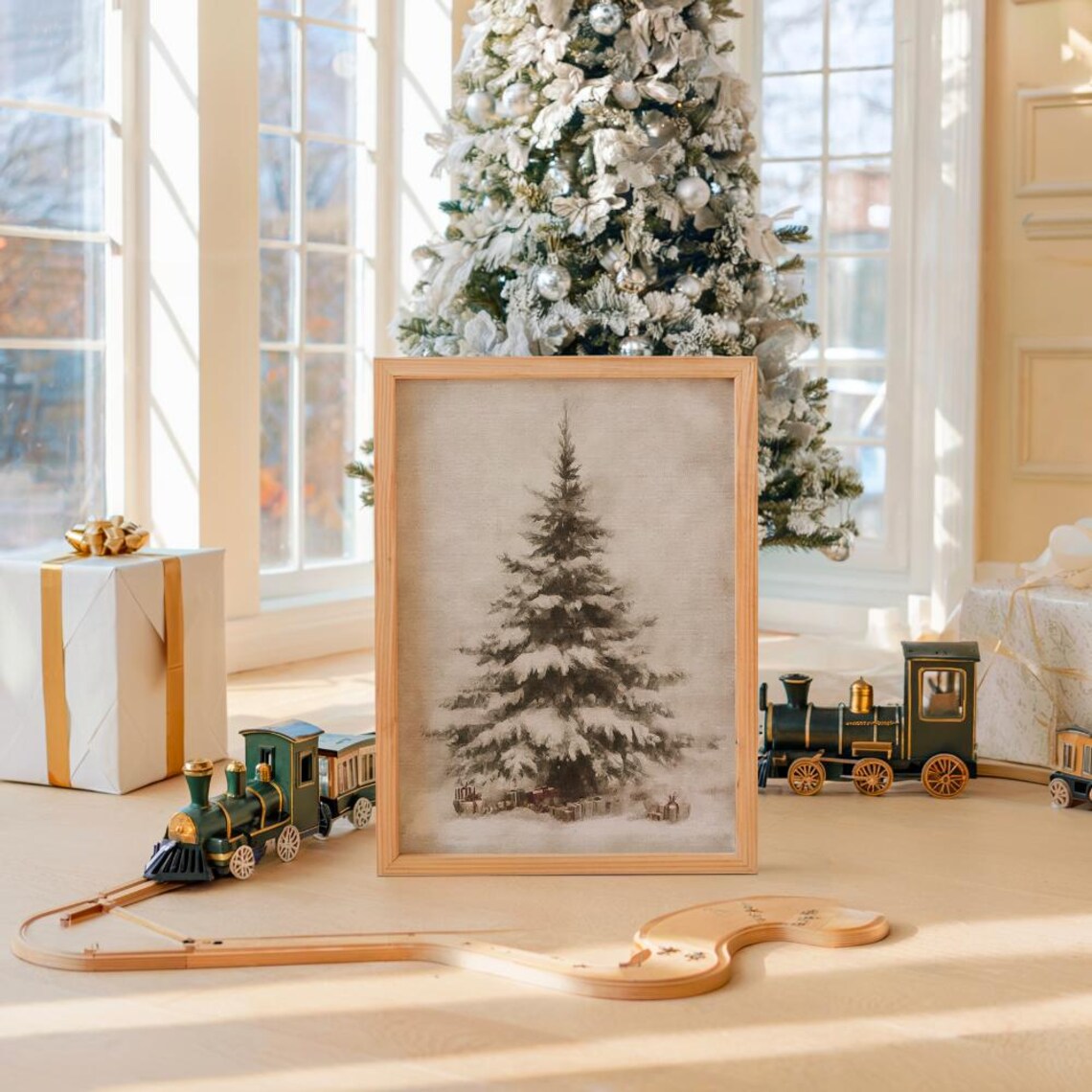 Snow Covered Evergreen Tree With Gifts Soft Watercolor Winter Poster - Image 2