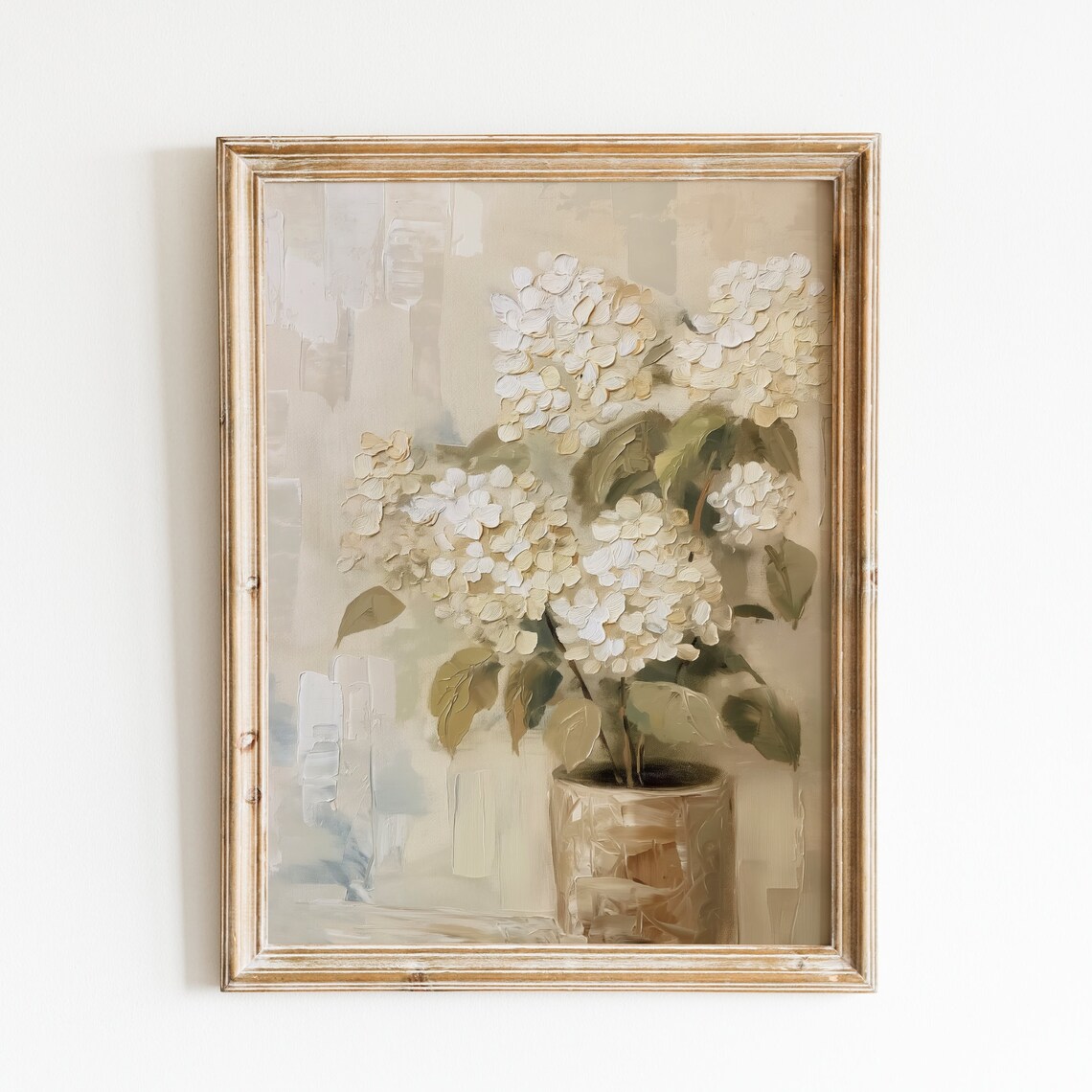 White Hydrangeas in Rustic Pot Neutral Cottage Still Life Floral Poster