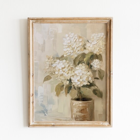 White Hydrangeas in Rustic Pot Neutral Cottage Still Life Floral Poster