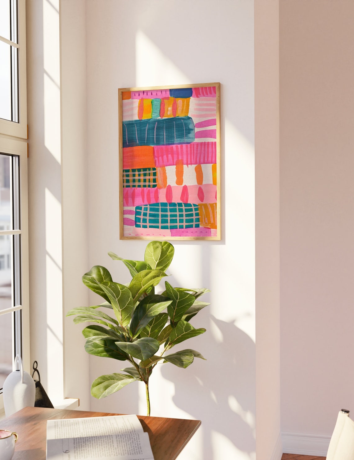 Bold Colorful Geometric Abstract Blocks Teal Pink Modern Art Poster - Image 3