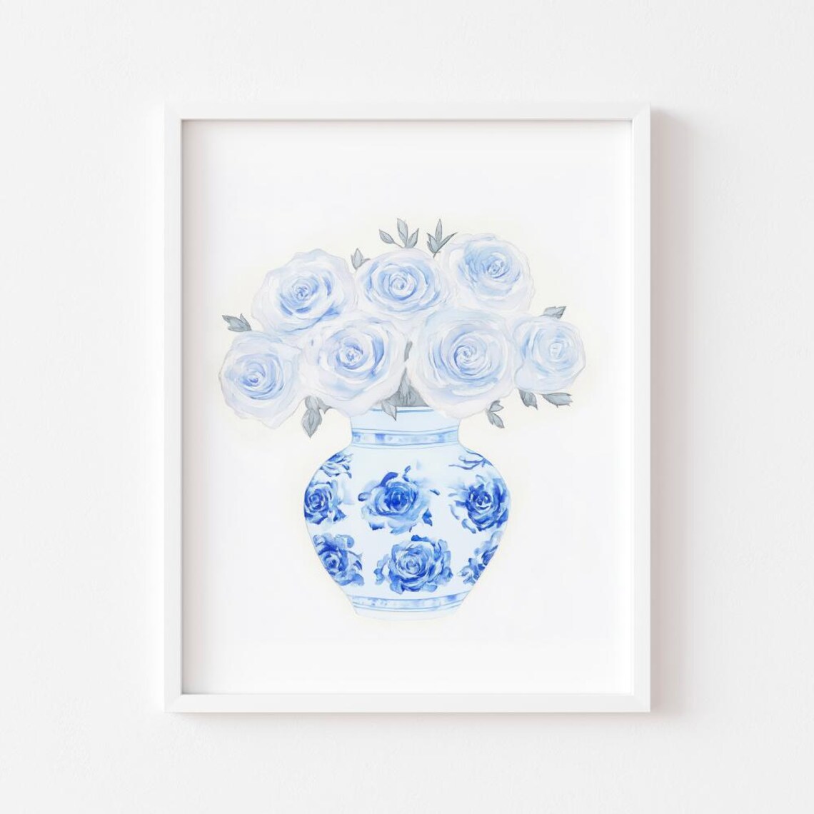 Blue And White Roses In Chinoiserie Vase Watercolor Floral Wall Poster