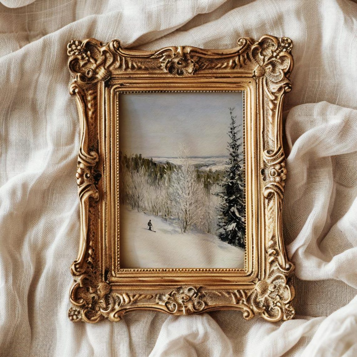 Lone Skier Descending Snowy Forest Slope Moody Winter Landscape Poster - Image 2