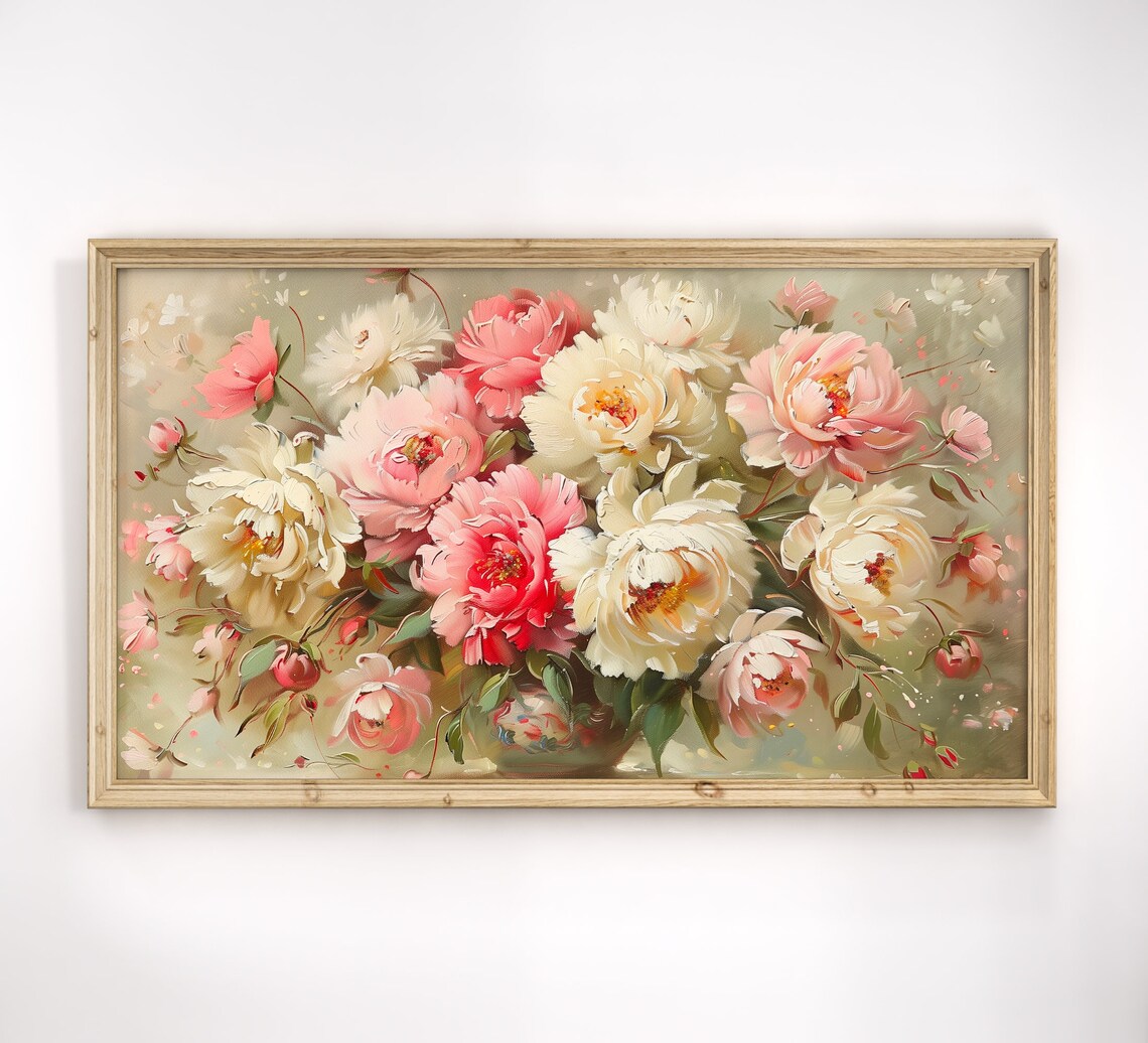 Blush Pink Peonies Vintage Oil Painting Spring Flower Bouquet Poster