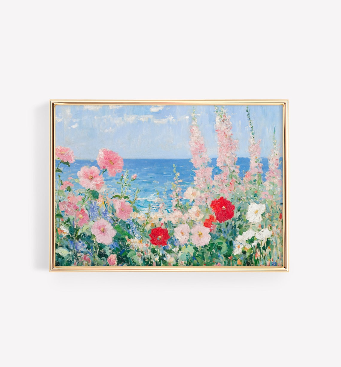 Seaside Wildflower Garden Hollyhock Poppy Ocean View Painting Poster - Image 3