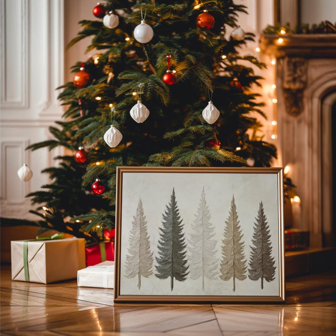 Five Tall Pine Trees In Soft Muted Neutral Beige Tones Wall Art - Image 4