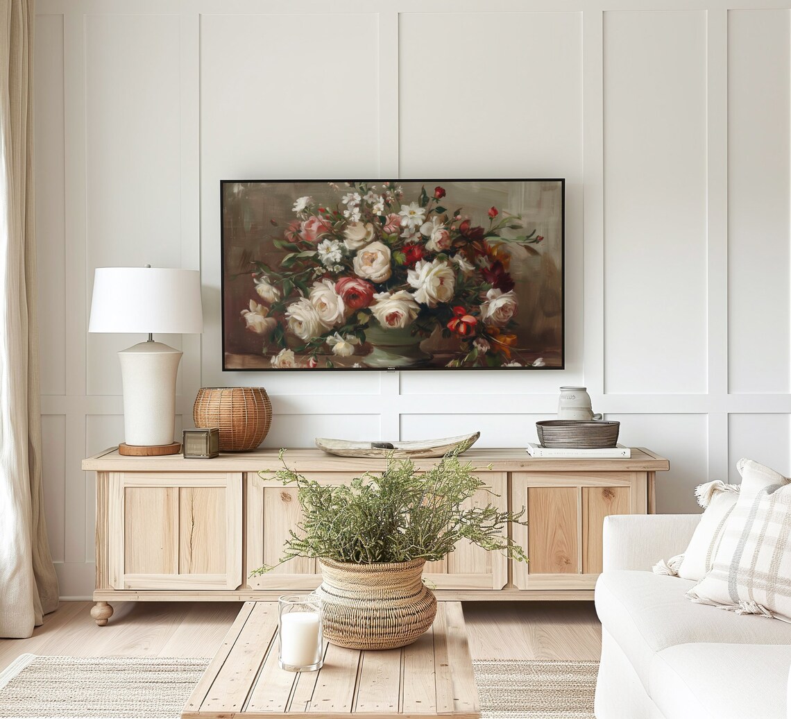 Vintage Camellia Blossoms Red White Pink Oil Painting Floral Poster - Image 3