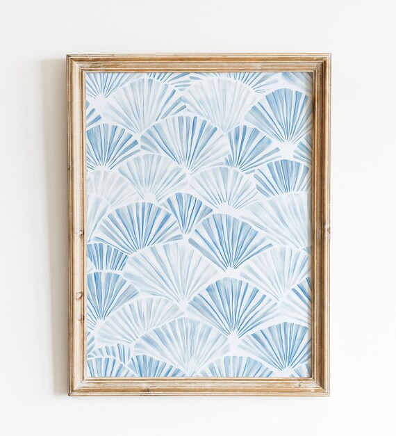 Scallop Shell Pattern Blue White Coastal Hamptons Style Wall Art