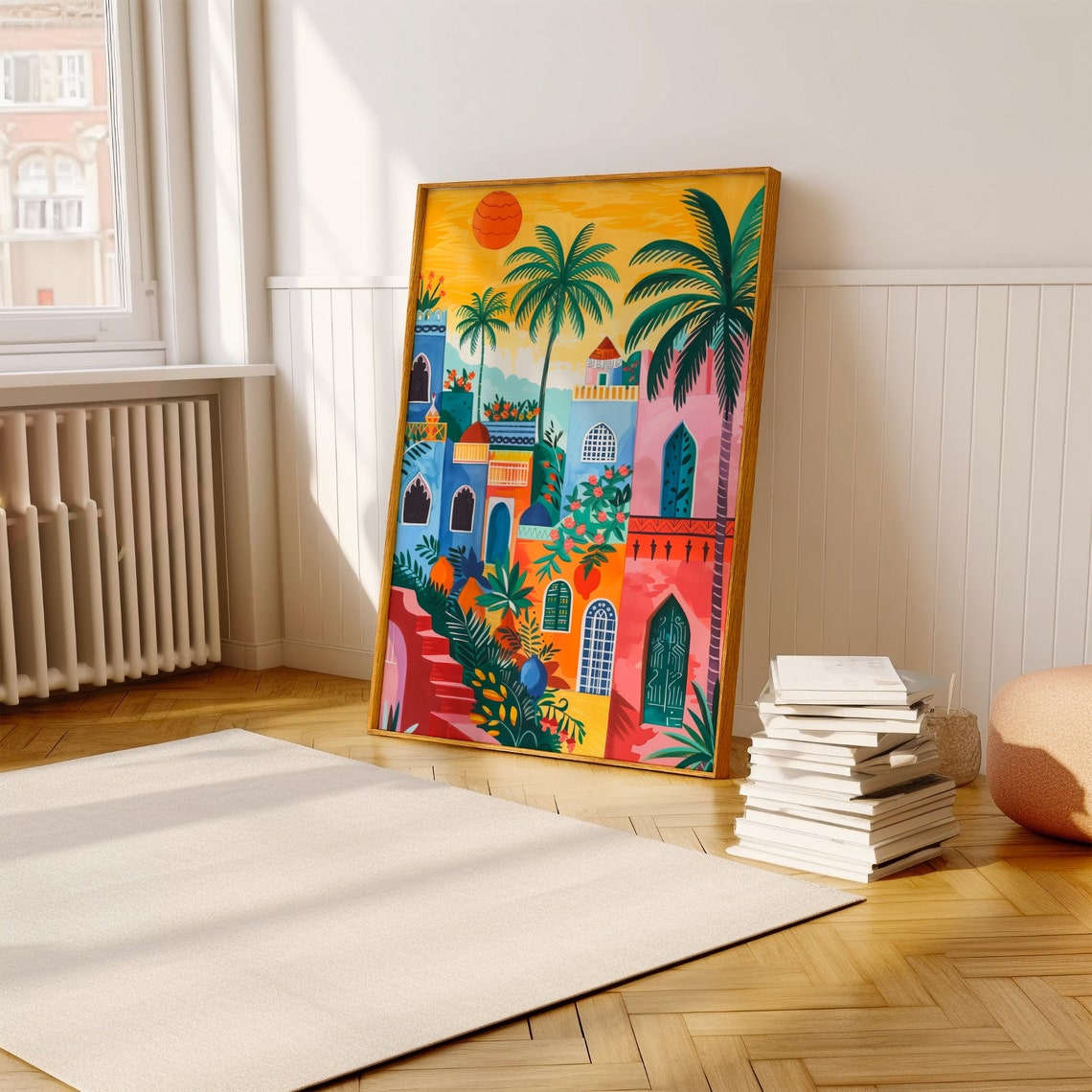 Colorful Moroccan Old Town Palm Trees Bright Sun Illustration Poster - Image 3