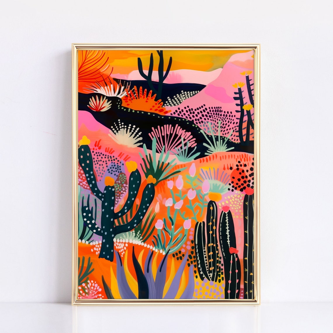 Retro Midcentury Desert Cactus Landscape Bold Pink Orange Cacti Poster - Image 3