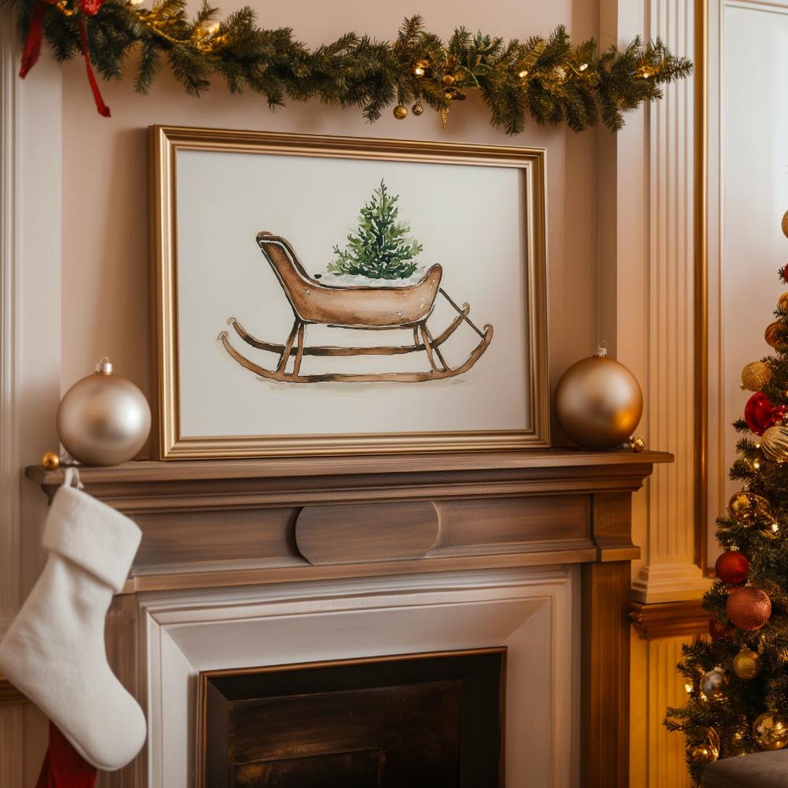 Wooden Sled Carrying Small Christmas Tree Watercolor Art Poster - Image 4