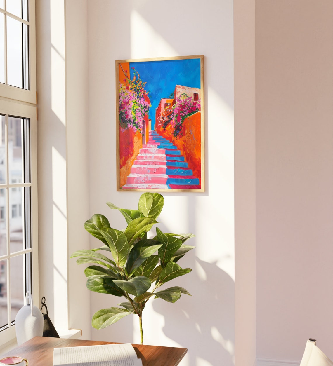 Mediterranean Flower Covered Staircase Bright Blue Sky Coastal Poster - Image 3
