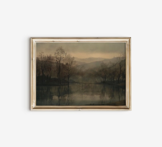 Vintage Moody Abstract Landscape Painting Dark Wall Art Antique Rustic Forest Art Print Nature Poster Dark Wall Decor